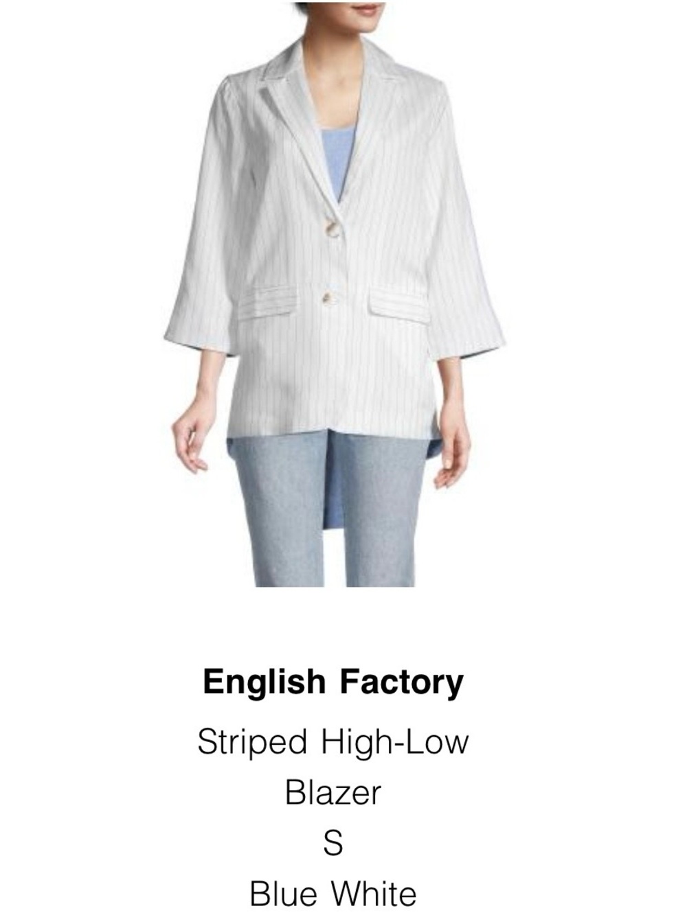 English Factory White and Light Blue Striped High-Low Blazer